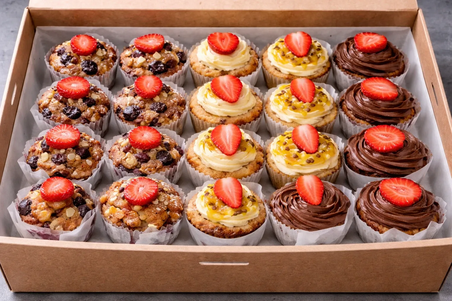 Catering box of strawberry-topped muffins and cupcakes baked by the UNISUS team